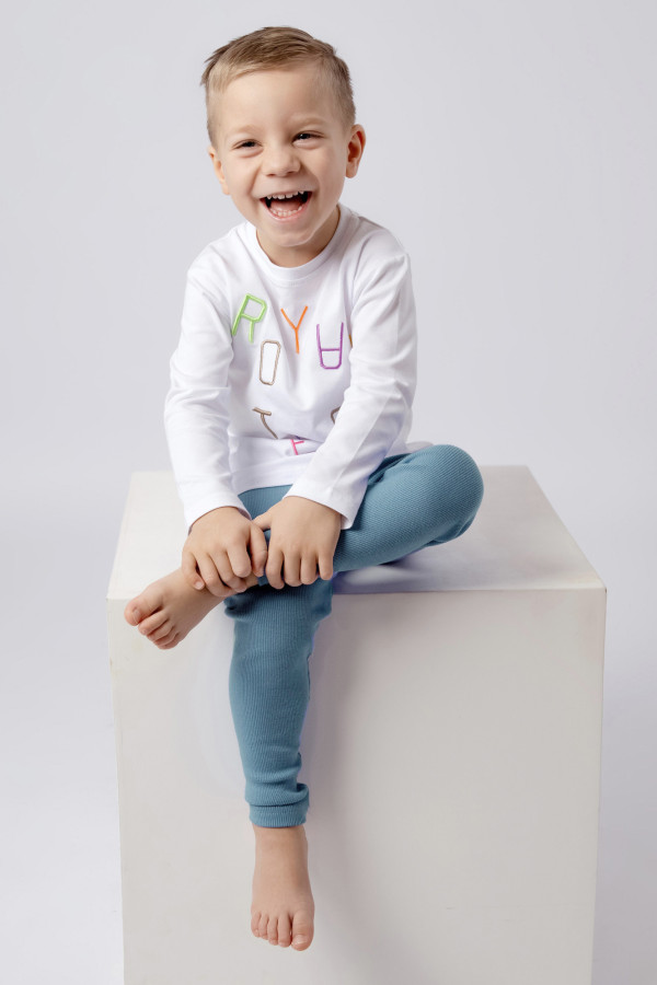 Legginsy Soft haft z bawełny prążek niebieski lazurowy