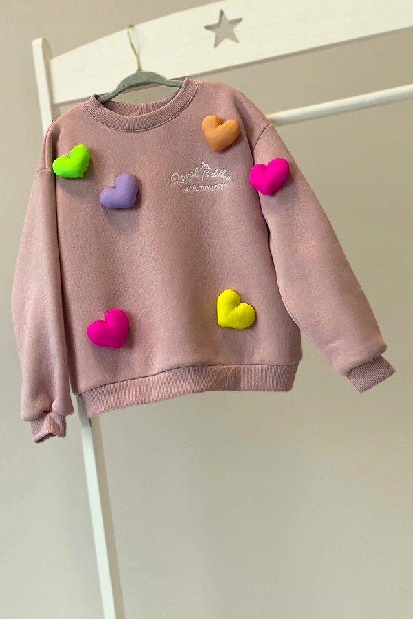 Bluza LOVE BABY z kolorowymi sercami 3D brudny róż